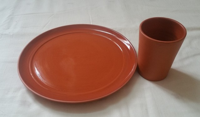 reusable clay meal serving plate and clay water glass